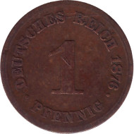 Монета 1 пфенниг. 1876 год (А), Германская империя. Монета 1 пфенниг. 1876 год (А), Германская империя.