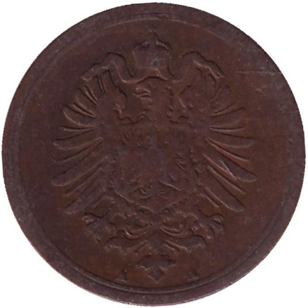 Монета 1 пфенниг. 1876 год (А), Германская империя. Монета 1 пфенниг. 1876 год (А), Германская империя.