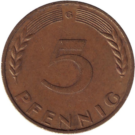 Монета 5 пфеннигов. 1968 год (G), ФРГ. Дубовые листья.