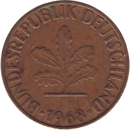 Монета 5 пфеннигов. 1968 год (G), ФРГ. Дубовые листья. Монета 5 пфеннигов. 1968 год (G), ФРГ. Дубовые листья.
