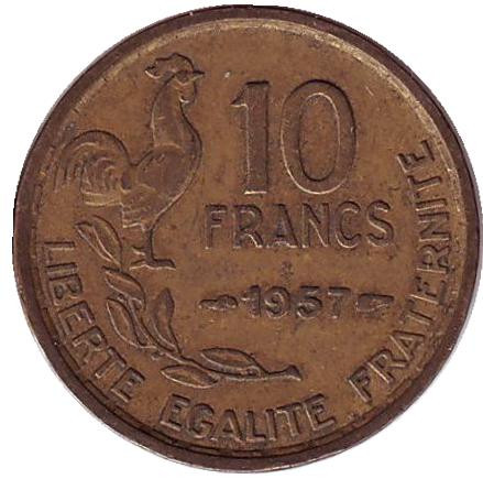 Монета 10 франков. 1957 год, Франция.