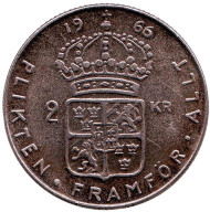 Монета 2 кроны. 1966 год, Швеция. Густав VI Адольф. Монета 2 кроны. 1966 год, Швеция. Густав VI Адольф.