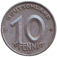 Монета 10 пфеннигов. 1949 год, ГДР. Монета 10 пфеннигов. 1949 год, ГДР.