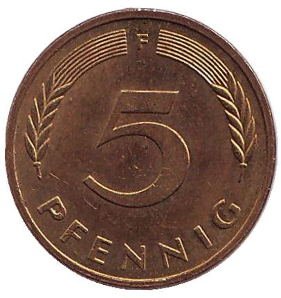 Монета 5 пфеннигов. 1987 год (F), ФРГ. Дубовые листья.