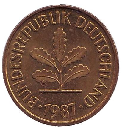 Монета 5 пфеннигов. 1987 год (F), ФРГ. Дубовые листья.