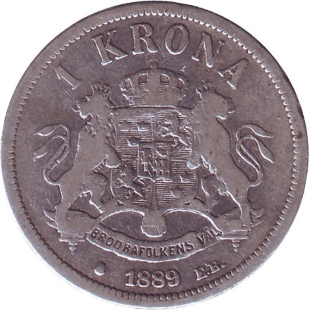 Монета 1 крона. 1889 год, Швеция. Король Оскар II. Монета 1 крона. 1889 год, Швеция. Король Оскар II.