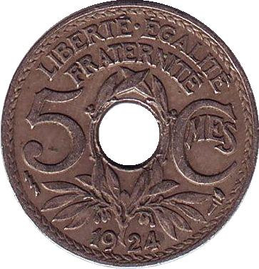Монета 5 сантимов. 1924 год, Франция. (молния)