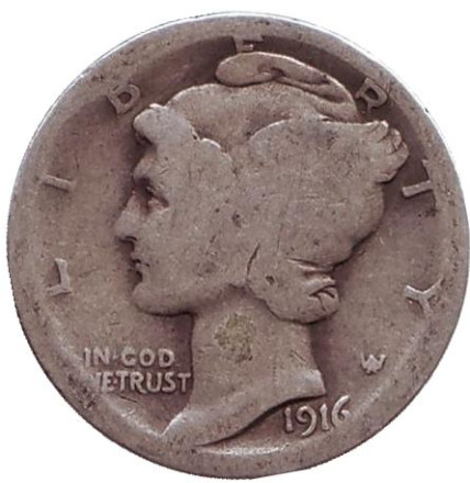 Монета 10 центов. 1916 год, США. Без обозначения монетного двора. Меркурий.