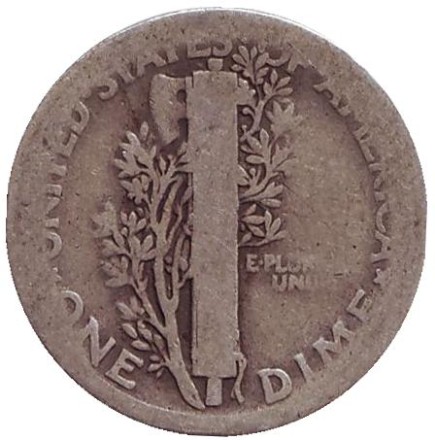 Монета 10 центов. 1916 год, США. Без обозначения монетного двора. Меркурий.