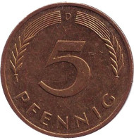 Монета 5 пфеннигов. 1993 год (D), ФРГ. Дубовые листья. Монета 5 пфеннигов. 1993 год (D), ФРГ. Дубовые листья.