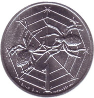 Монета 1 лира. 1975 год, Сан-Марино. Любовь у животных. Паучки. Монета 1 лира. 1975 год, Сан-Марино. Любовь у животных. Паучки.