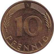 Монета 10 пфеннигов. 1995 год (A), ФРГ. Дубовые листья. Монета 10 пфеннигов. 1995 год (A), ФРГ. Дубовые листья.