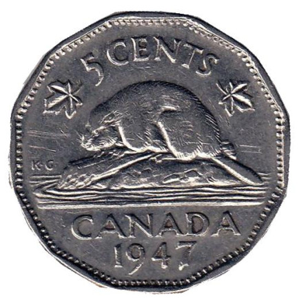 Монета 5 центов. 1947 год, Канада. (Без отметки монетного двора) Бобр.