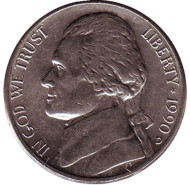 Монета 5 центов. 1990 год (D), США. Джефферсон. Монтичелло. Монета 5 центов. 1990 год (D), США. Джефферсон. Монтичелло.