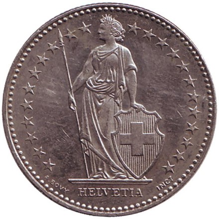 Монета 2 франка. 1997 (B) год, Швейцария. Гельвеция.