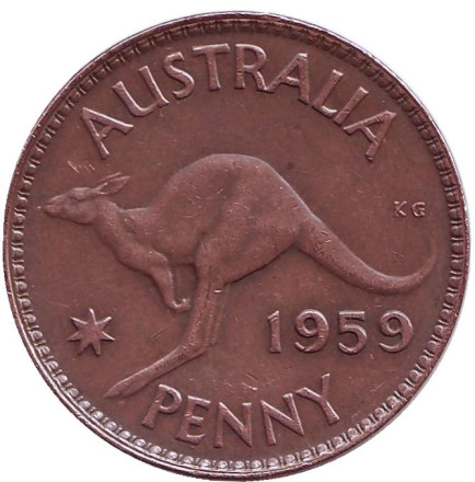 Монета 1 пенни. 1959 год, Австралия. (Без точки после "PENNY") Кенгуру.