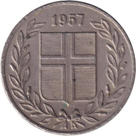 Монета 25 аураров. 1957 год, Исландия.