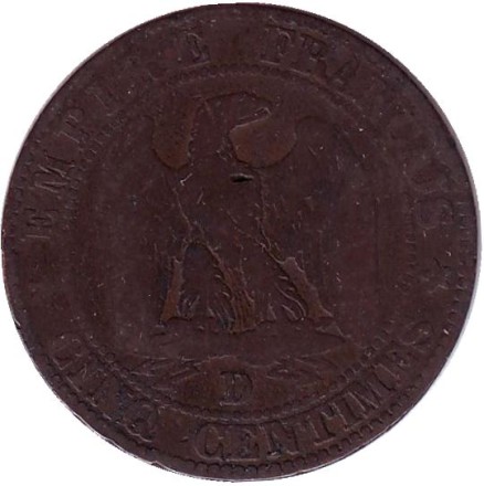 Монета 5 сантимов. 1853 год (D), Франция. Наполеон III.