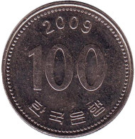 Монета 100 вон. 2009 год, Южная Корея. Монета 100 вон. 2009 год, Южная Корея.