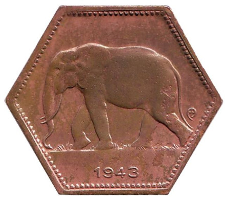 Монета 2 франка. 1943 год, Бельгийское Конго. Слон.