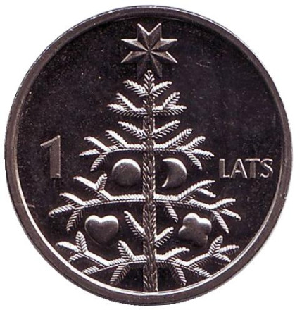 Монета 1 лат, 2009 год, Латвия. Рождественская ёлка.