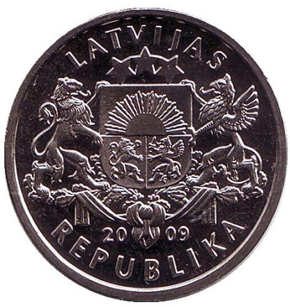 Монета 1 лат, 2009 год, Латвия. Рождественская ёлка.