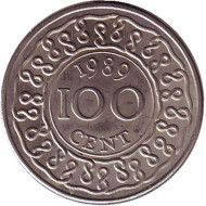 Монета 100 центов. 1989 год, Суринам. Монета 100 центов. 1989 год, Суринам.