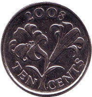 Монета 10 центов. 2008 год, Бермудские острова. Бермудская лилия. Монета 10 центов. 2008 год, Бермудские острова. Бермудская лилия.