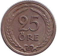 Монета 25 эре. 1940 год, Швеция. (Никелевая бронза) Монета 25 эре. 1940 год, Швеция. (Никелевая бронза)
