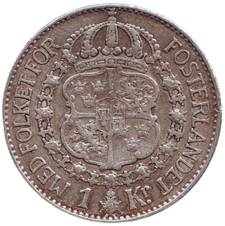 Монета 1 крона. 1929 год, Швеция. Густав V. Монета 1 крона. 1929 год, Швеция. Густав V.