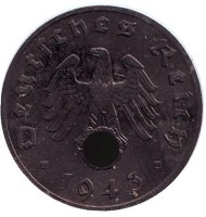Монета 1 рейхспфенниг. 1943 год, Германия (Третий Рейх). (J). Монета 1 рейхспфенниг. 1943 год, Германия (Третий Рейх). (J).