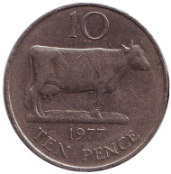 Монета 10 пенсов. 1977 год, Гернси. Корова. Монета 10 пенсов. 1977 год, Гернси. Корова.