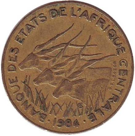 Монета 10 франков. 1984 год, Центральные Африканские Штаты. Африканские антилопы. (Западные канны).