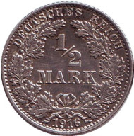 Монета 1/2 марки. 1916 год (J), Германская империя. Монета 1/2 марки. 1916 год (J), Германская империя.