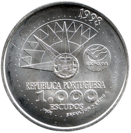 Международный год океанов на Экспо'98 (Expo 1998). 1000 эскудо, 1998 год, Португалия.  Международный год океанов на Экспо'98 (Expo 1998). 1000 эскудо, 1998 год, Португалия.