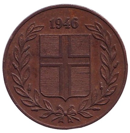 Монета 5 аураров. 1946 год, Исландия.