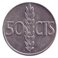 Монета 50 сентимо. 1966 год, Испания. (69 внутри звезды) Монета 50 сентимо. 1966 год, Испания. (69 внутри звезды)