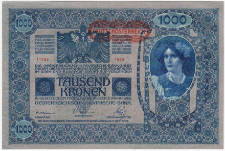 Банкнота 1000 крон. 1902 (1919) год, Австро-Венгрия. (Надпечатка). Тип 3. Банкнота 1000 крон. 1902 (1919) год, Австро-Венгрия. (Надпечатка). Тип 3.