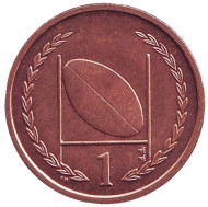 Мяч для регби. 1 пенни, 1998 год, Остров Мэн. UNC. (Без отметки на аверсе). Новый тип.