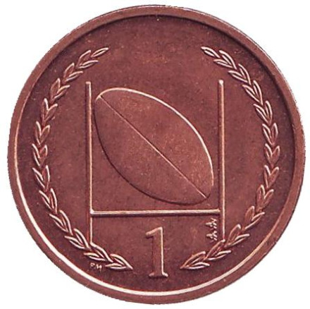 Мяч для регби. 1 пенни, 1998 год, Остров Мэн. UNC. (Без отметки на аверсе). Новый тип.