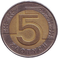 Монета 5 злотых. 1996 год, Польша. Монета 5 злотых. 1996 год, Польша.