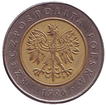 Монета 5 злотых. 1996 год, Польша. Монета 5 злотых. 1996 год, Польша.