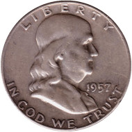 Монета 50 центов. 1957 год (D), США. Франклин.