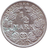 Монета 1/2 марки. 1911 год (G), Германская империя. Монета 1/2 марки. 1911 год (G), Германская империя.