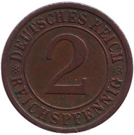 Монета 2 рейхспфеннига. 1925 год (A), Веймарская республика. Монета 2 рейхспфеннига. 1925 год (A), Веймарская республика.