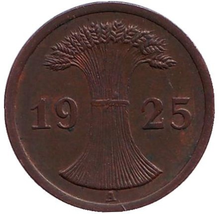 Монета 2 рейхспфеннига. 1925 год (A), Веймарская республика. Монета 2 рейхспфеннига. 1925 год (A), Веймарская республика.