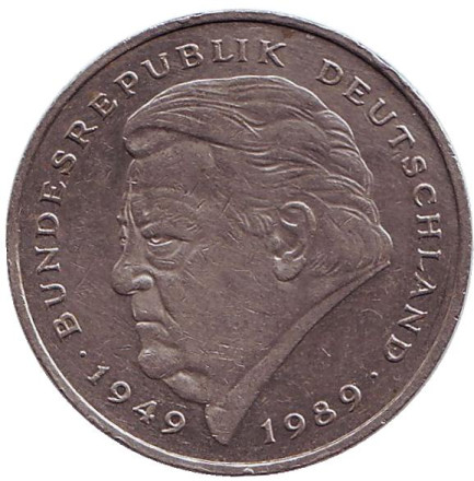 Монета 2 марки. 1992 год (F), ФРГ. Франц Йозеф Штраус.