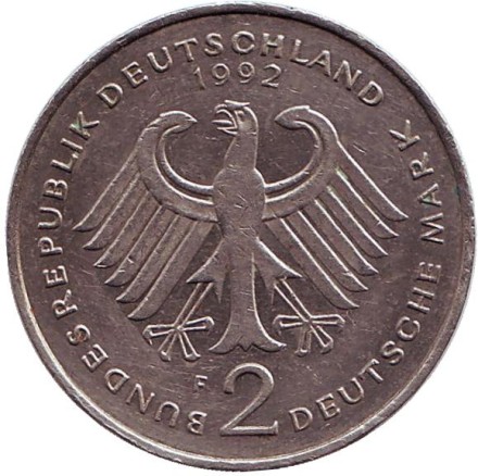 Монета 2 марки. 1992 год (F), ФРГ. Франц Йозеф Штраус.