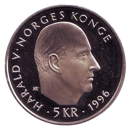Монета 5 крон. 1996 год, Норвегия. Proof. 100 лет Норвежской полярной экспедиции Нансена. Монета 5 крон. 1996 год, Норвегия. Proof. 100 лет Норвежской полярной экспедиции Нансена.