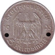 Монета 5 рейхсмарок. 1935 год, Германия (Третий Рейх). (D). Кирха. Монета 5 рейхсмарок. 1935 год, Германия (Третий Рейх). (D). Кирха.